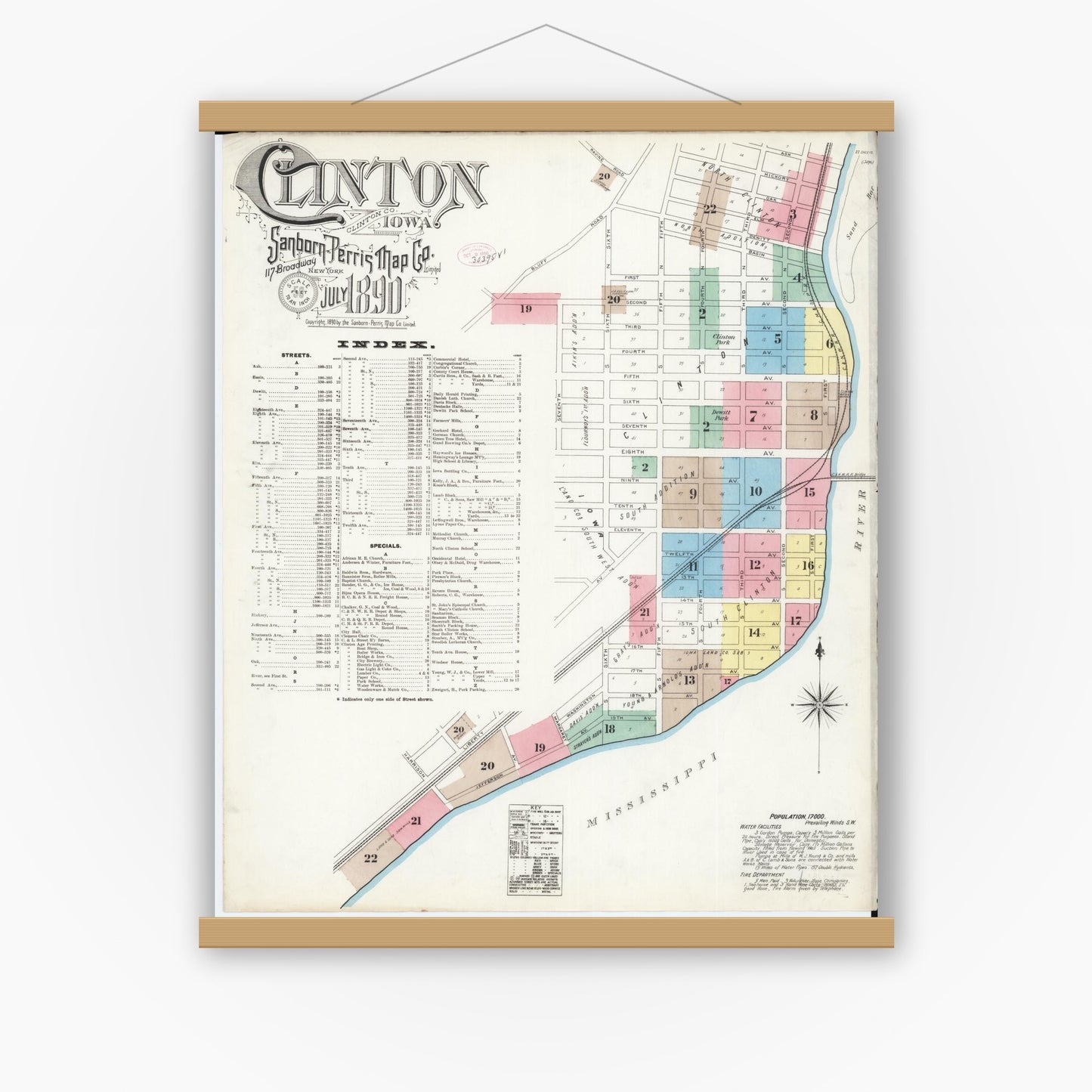 Old map wall art mockup — magnetic wood frame on white wall — Sanborn Fire Insurance Map from Clinton, Clinton County, Iowa (1890) â€” Complete Set