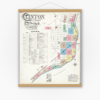 Old map wall art mockup — magnetic wood frame on white wall — Sanborn Fire Insurance Map from Clinton, Clinton County, Iowa (1890) â€” Complete Set