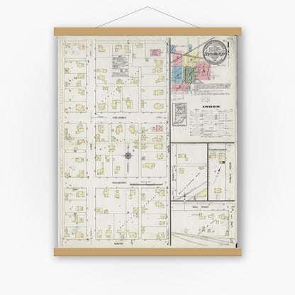 Old map wall art mockup — magnetic wood frame on white wall — Sanborn Fire Insurance Map from South Whitley, Whitley County, Indiana (1914) - Complete Map Set