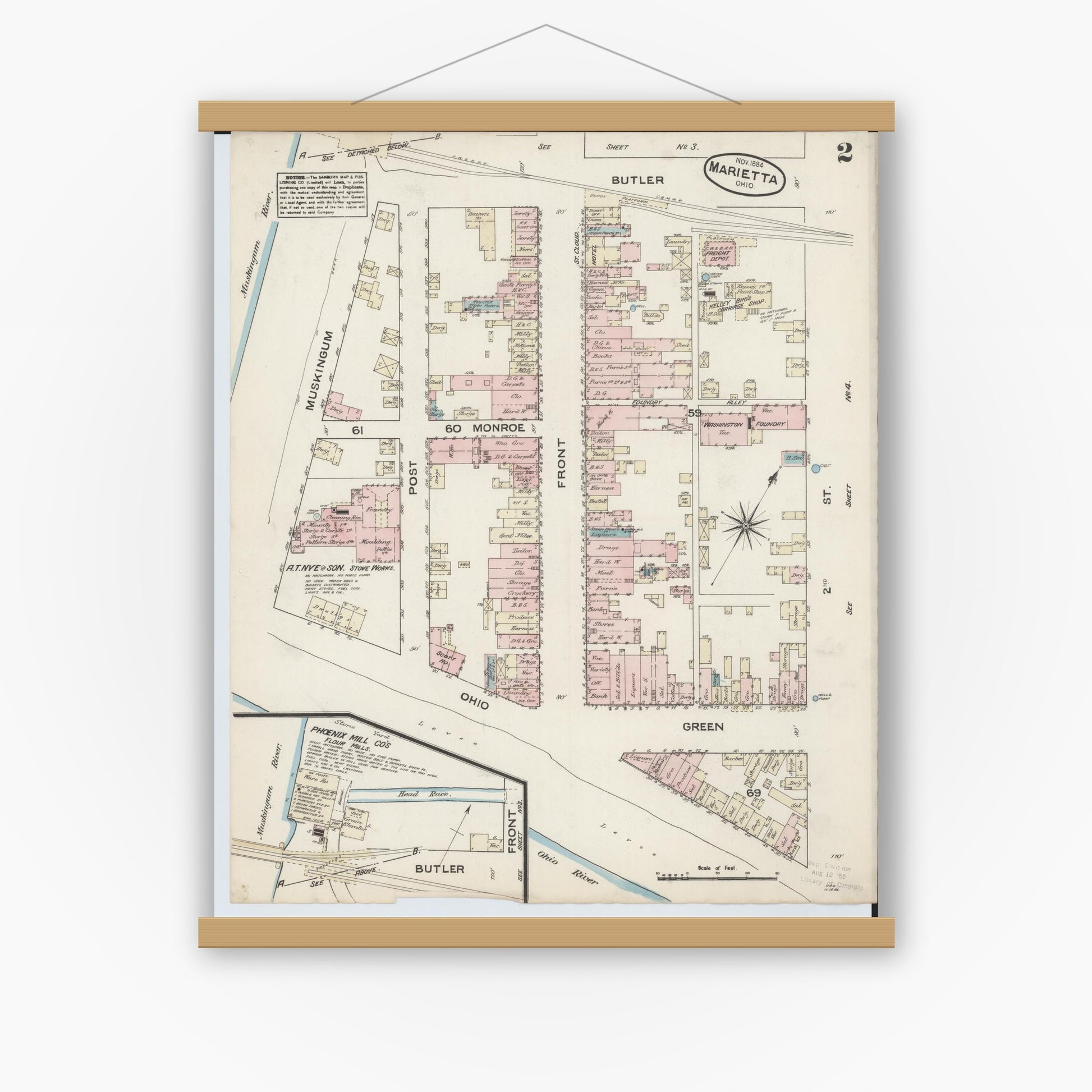 Old map wall art mockup — magnetic wood frame on white wall — Sanborn Fire Insurance Map from Marietta, Washington County, Ohio (1884), Sheet #0002