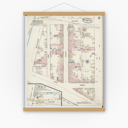 Old map wall art mockup — magnetic wood frame on white wall — Sanborn Fire Insurance Map from Marietta, Washington County, Ohio (1884), Sheet #0002