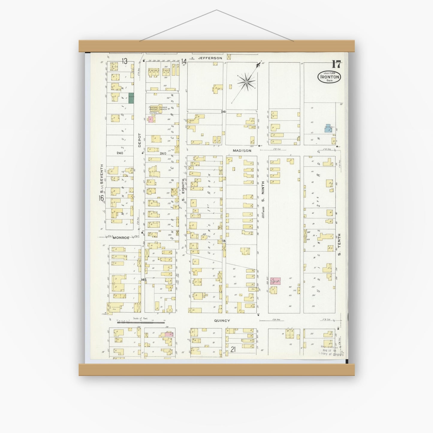 Old map wall art mockup — magnetic wood frame on white wall — Sanborn Fire Insurance Map from Ironton, Lawrence County, Ohio (1909), Sheet #0017