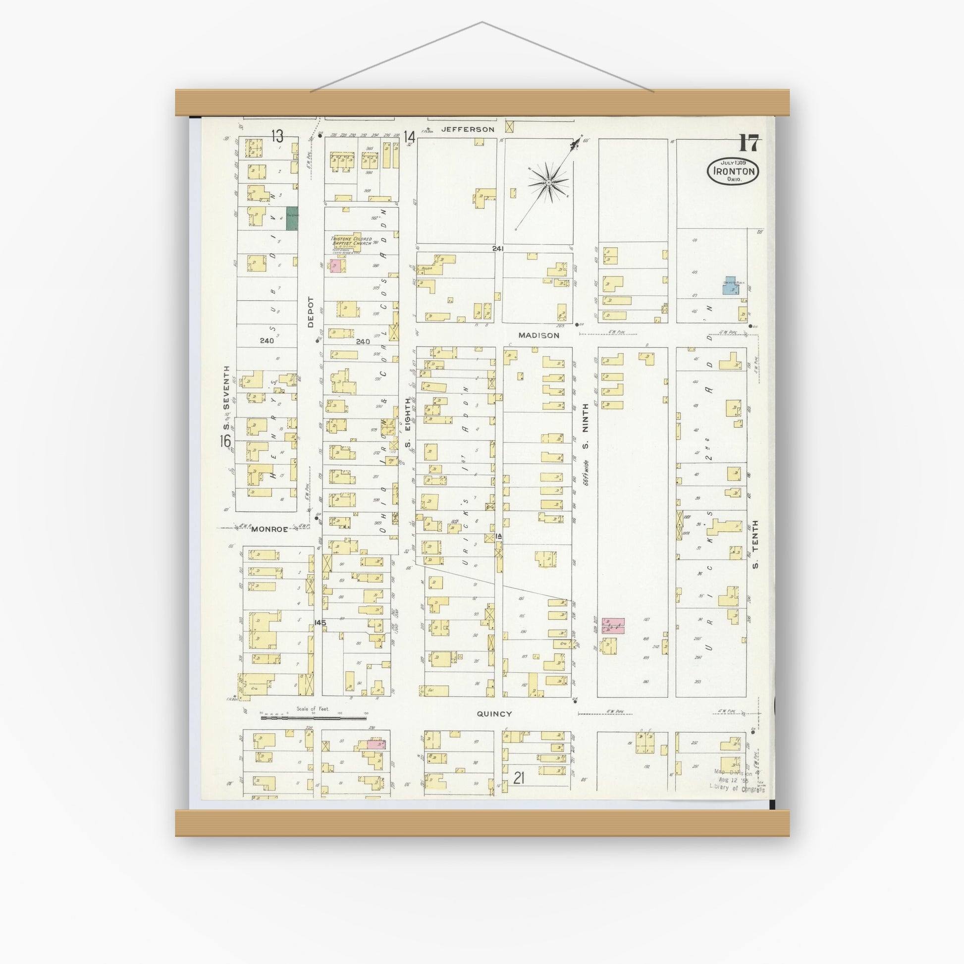 Old map wall art mockup — magnetic wood frame on white wall — Sanborn Fire Insurance Map from Ironton, Lawrence County, Ohio (1909), Sheet #0017