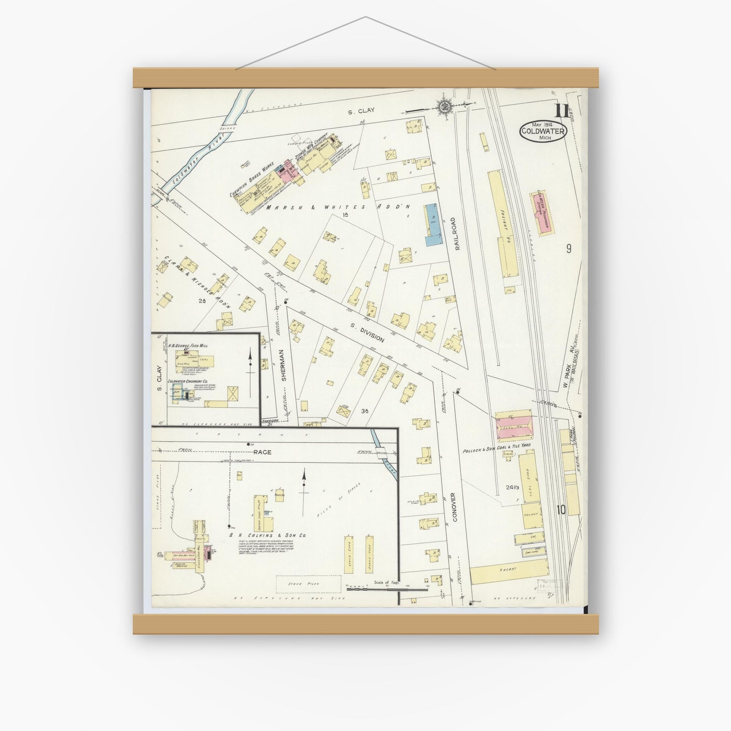 Old map wall art mockup — magnetic wood frame on white wall — Sanborn Fire Insurance Map from Coldwater, Branch County, Michigan (1914), Sheet #0011