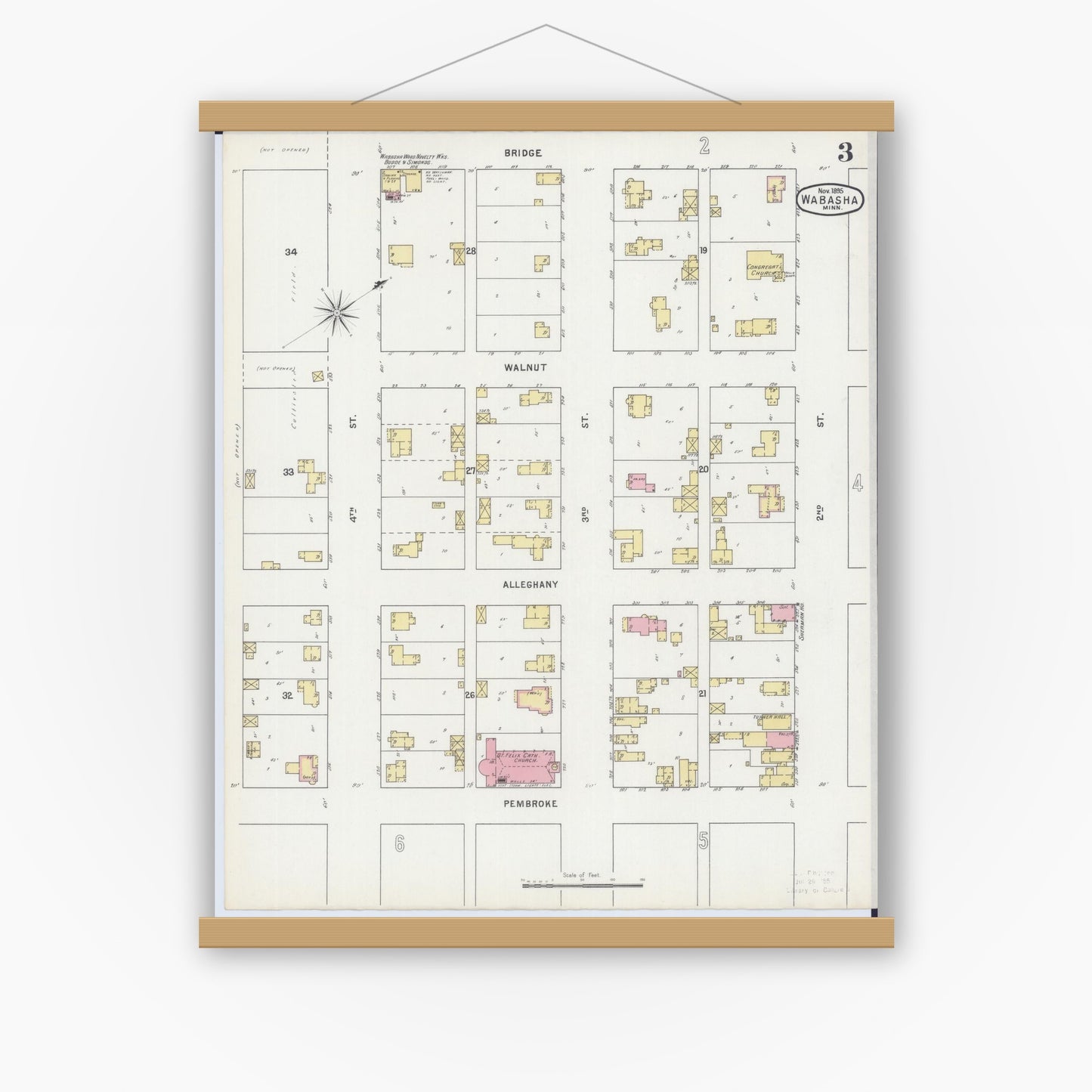 Old map wall art mockup — magnetic wood frame on white wall — Sanborn Fire Insurance Map from Wabasha, Wabasha County, Minnesota (1895), Sheet #0003