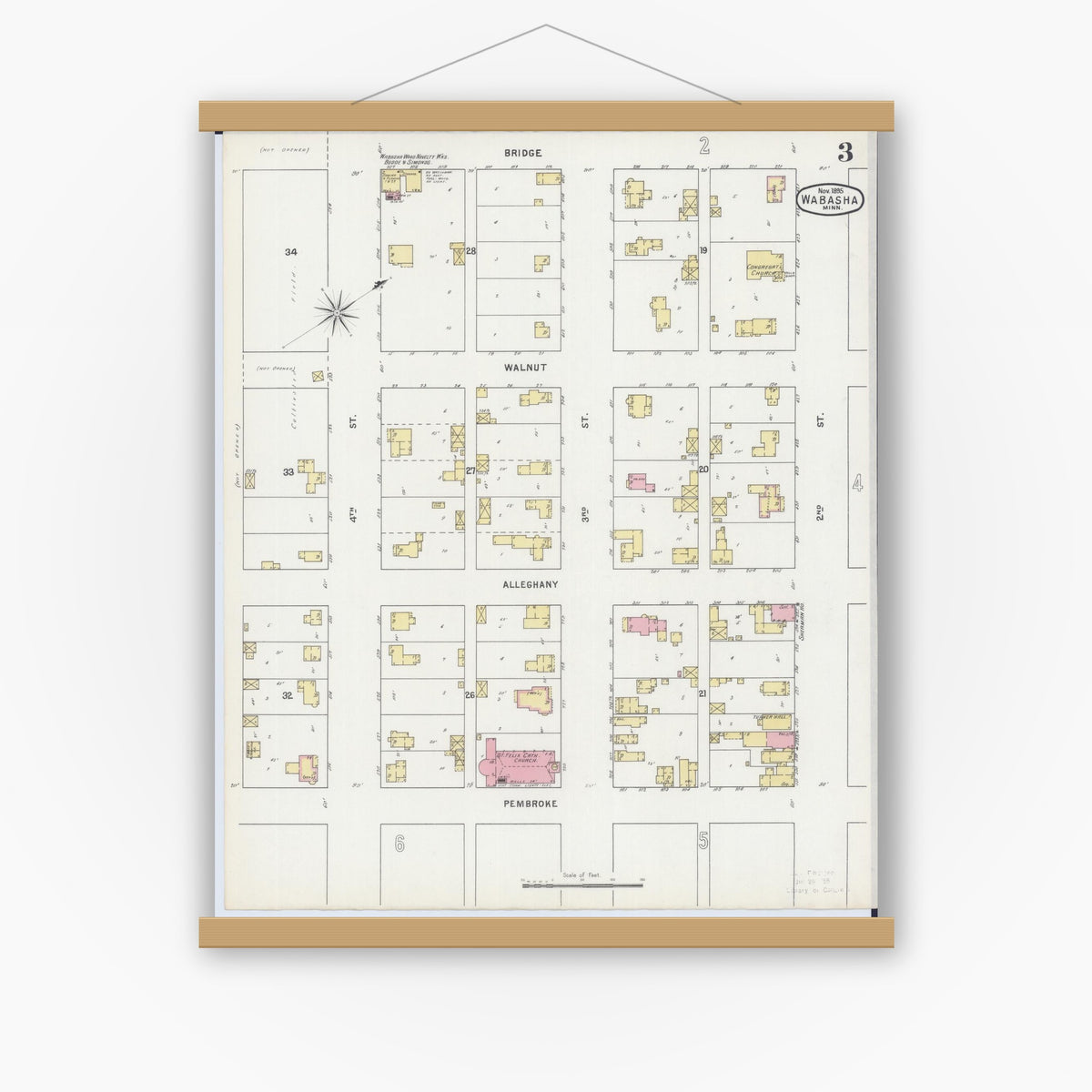 Old map wall art mockup — magnetic wood frame on white wall — Sanborn Fire Insurance Map from Wabasha, Wabasha County, Minnesota (1895), Sheet #0003