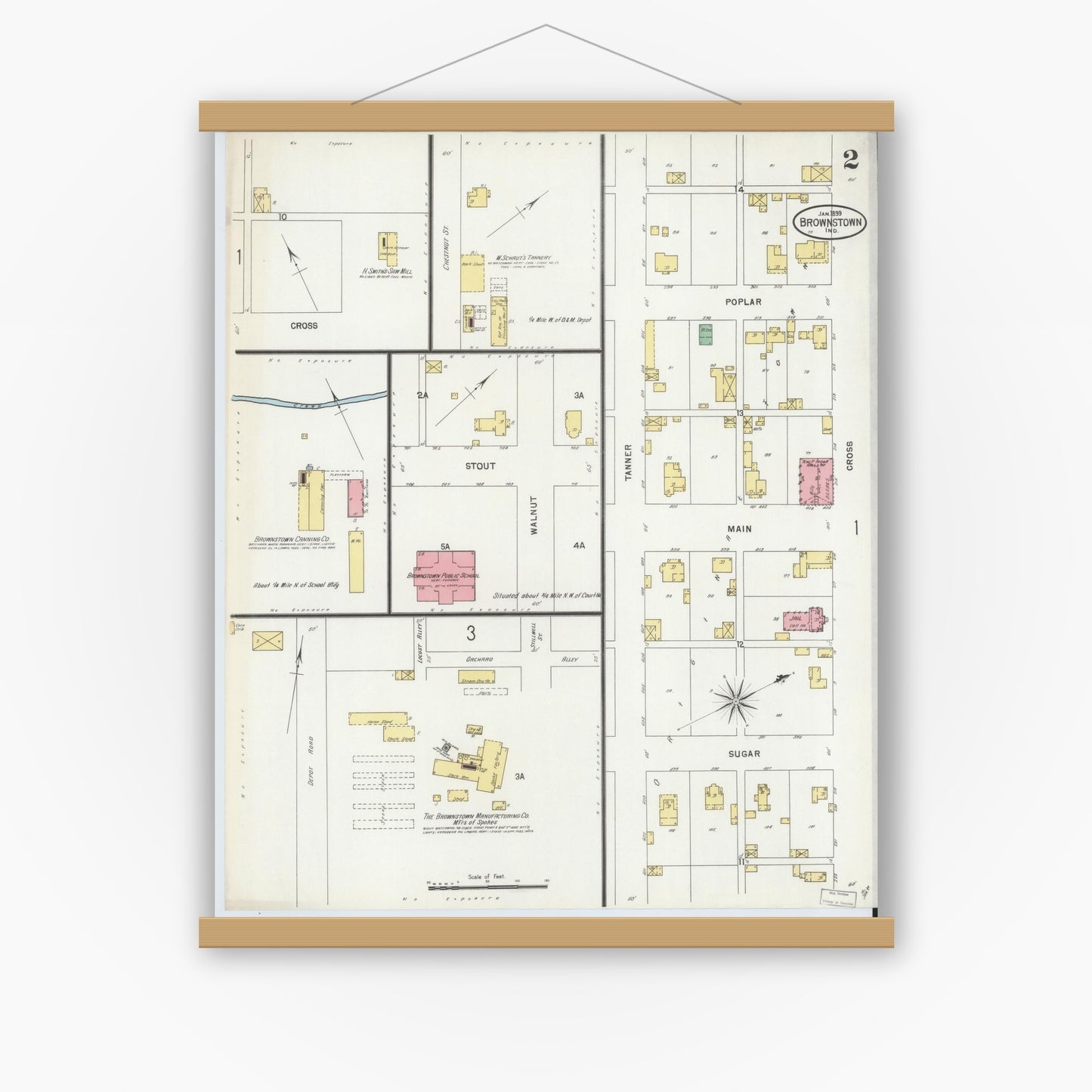 Old map wall art mockup — magnetic wood frame on white wall — Sanborn Fire Insurance Map from Brownstown, Jackson County, Indiana (1899), Sheet #0002