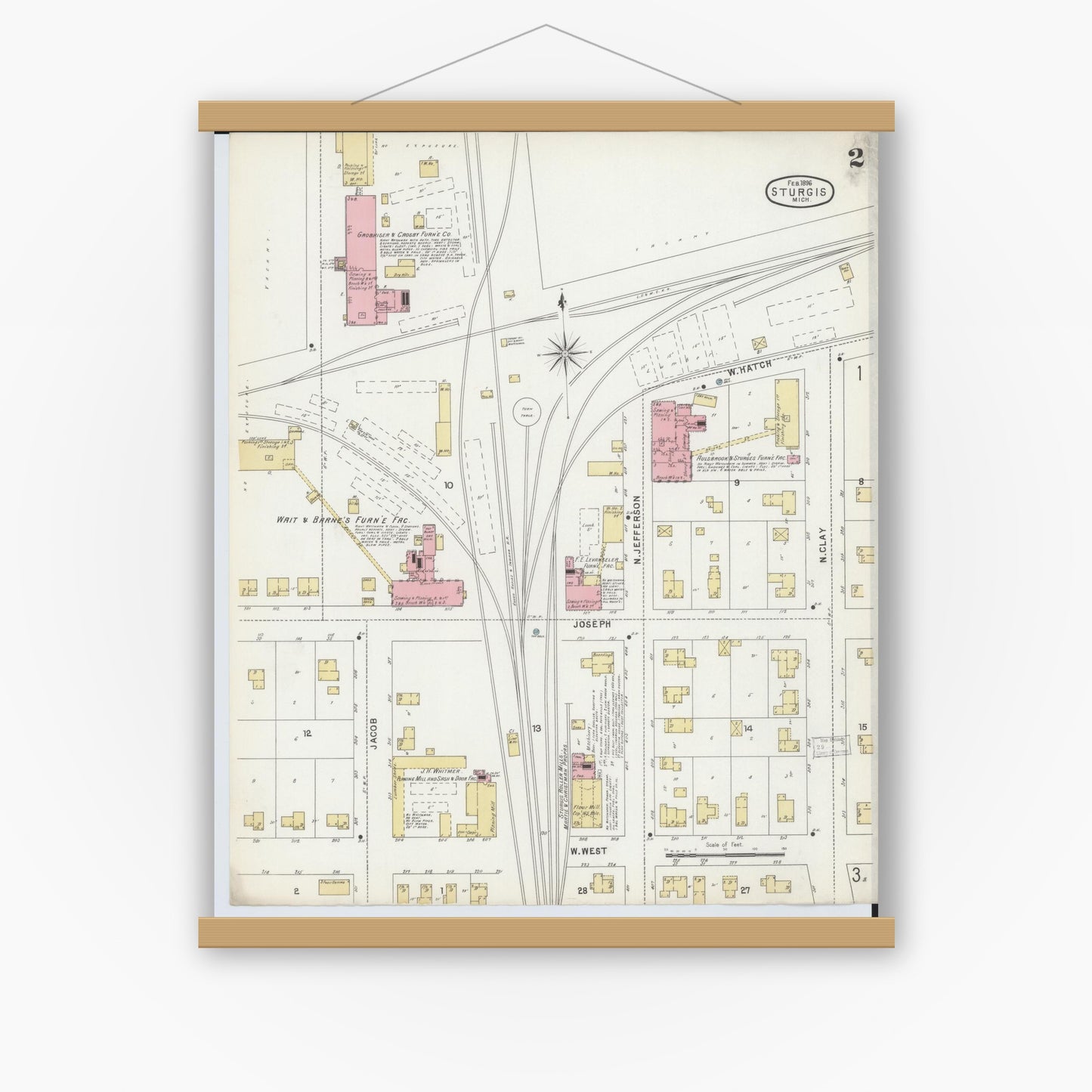 Old map wall art mockup — magnetic wood frame on white wall — Sanborn Fire Insurance Map from Sturgis, Saint Joseph County, Michigan (1895), Sheet #0002