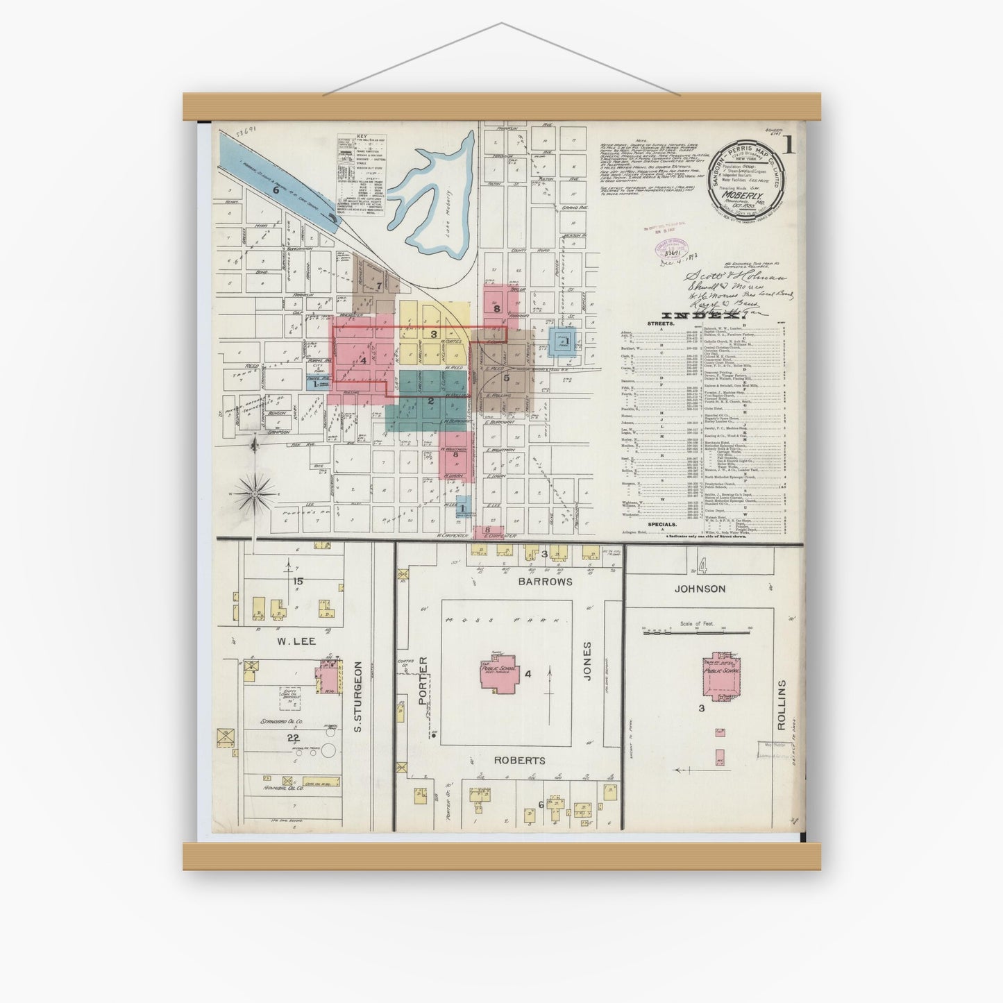 Old map wall art mockup — magnetic wood frame on white wall — Sanborn Fire Insurance Map from Moberly, Randolph County, Missouri (1893) - Complete Map Set