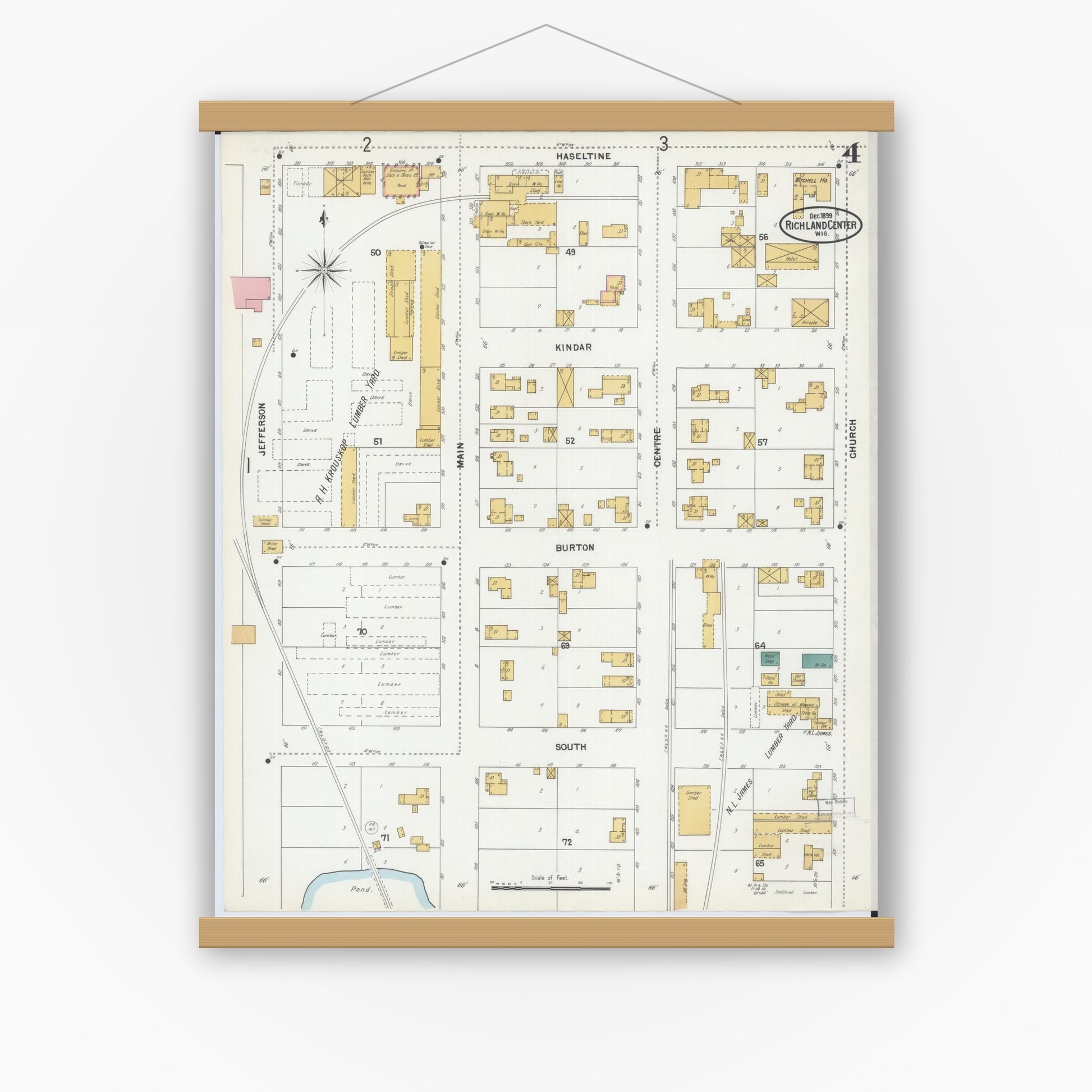 Old map wall art mockup — magnetic wood frame on white wall — Sanborn Fire Insurance Map from Richland Center, Richland County, Wisconsin (1899), Sheet #0004
