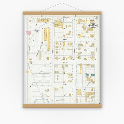 Old map wall art mockup — magnetic wood frame on white wall — Sanborn Fire Insurance Map from Richland Center, Richland County, Wisconsin (1899), Sheet #0004