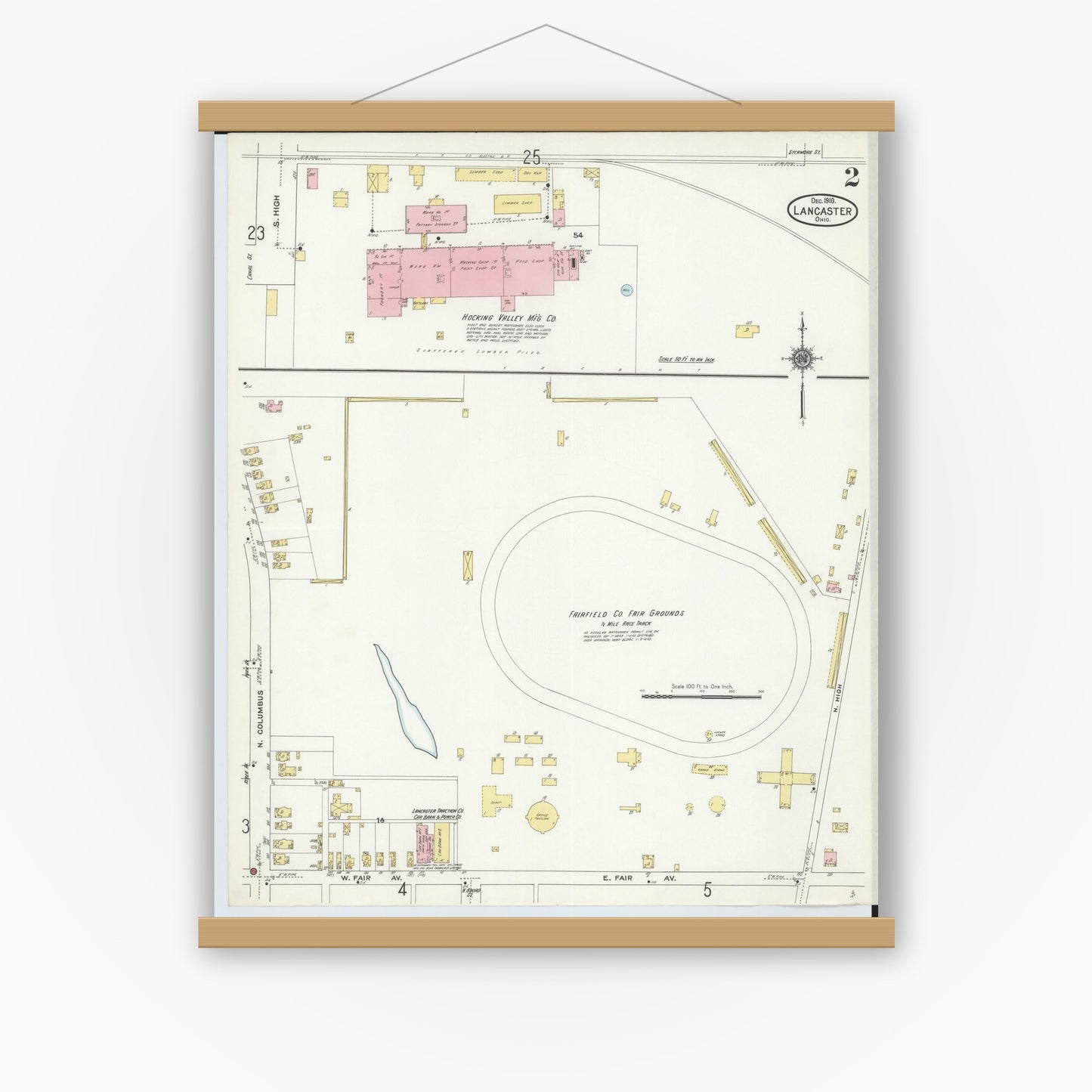 Old map wall art mockup — magnetic wood frame on white wall — Sanborn Fire Insurance Map from Lancaster, Fairfield County, Ohio (1910), Sheet #0002