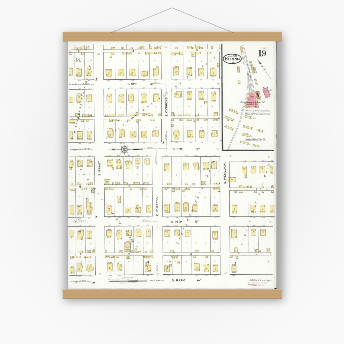 Old map wall art mockup — magnetic wood frame on white wall — Sanborn Fire Insurance Map from Herrin, Williamson County, Illinois (1922), Sheet #0019