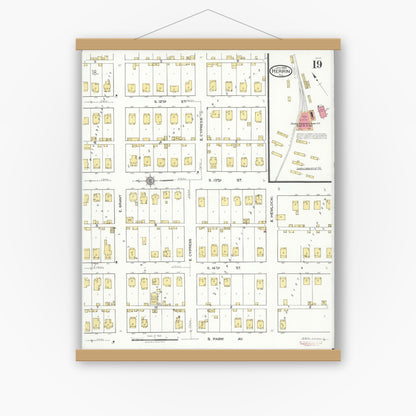 Old map wall art mockup — magnetic wood frame on white wall — Sanborn Fire Insurance Map from Herrin, Williamson County, Illinois (1922), Sheet #0019