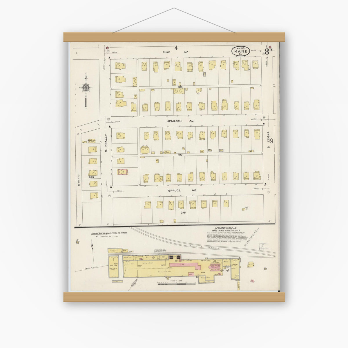 Old map wall art mockup — magnetic wood frame on white wall — Sanborn Fire Insurance Map from Kane, McKean County, Pennsylvania (1915), Sheet #0008