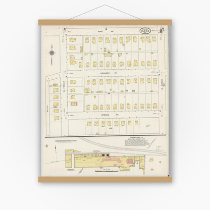 Old map wall art mockup — magnetic wood frame on white wall — Sanborn Fire Insurance Map from Kane, McKean County, Pennsylvania (1915), Sheet #0008