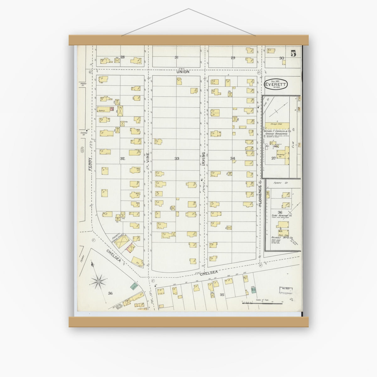 Old map wall art mockup — magnetic wood frame on white wall — Sanborn Fire Insurance Map from Everett, Middlesex County, Massachusetts (1892), Sheet #0005