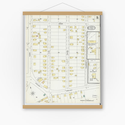 Old map wall art mockup — magnetic wood frame on white wall — Sanborn Fire Insurance Map from Everett, Middlesex County, Massachusetts (1892), Sheet #0005