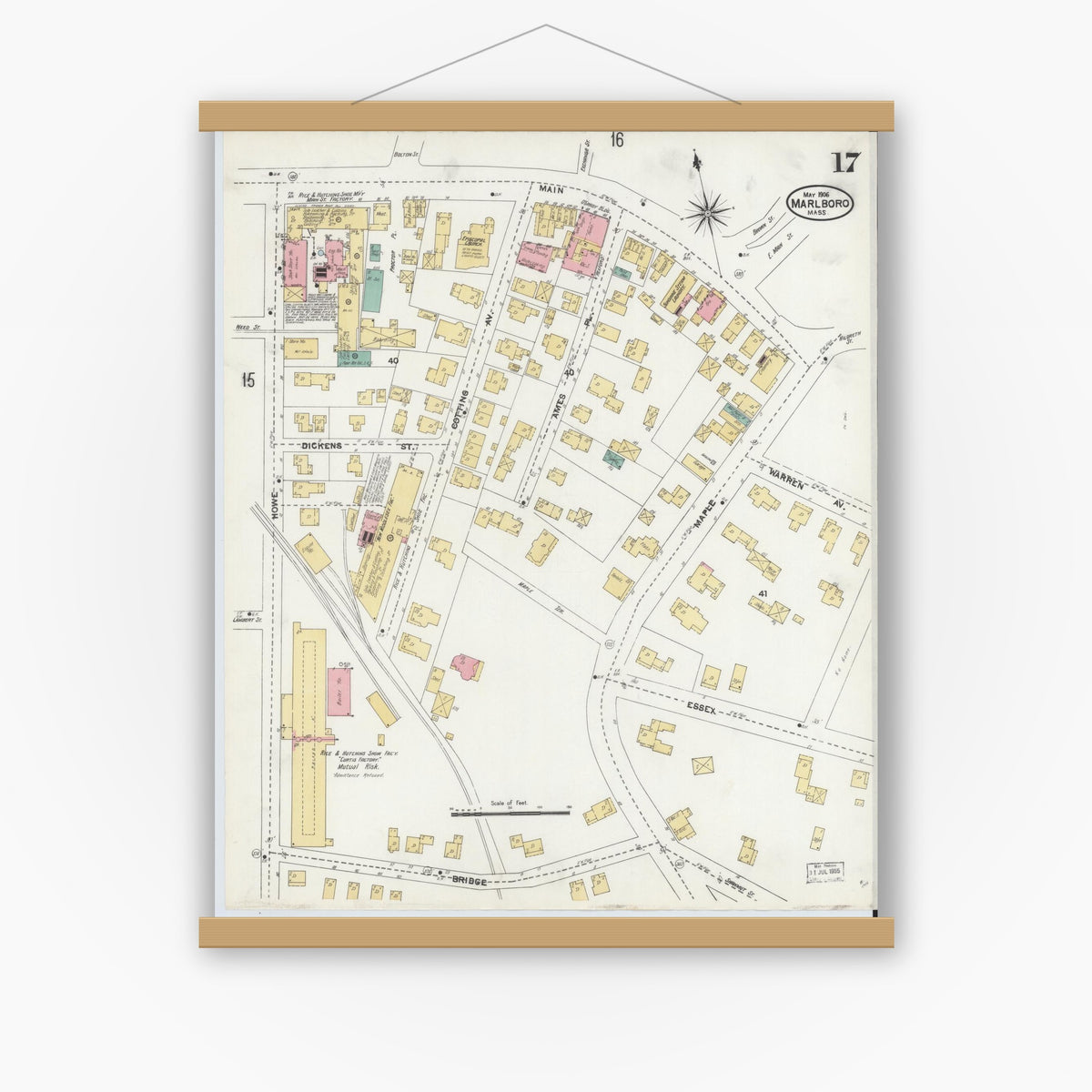 Old map wall art mockup — magnetic wood frame on white wall — Sanborn Fire Insurance Map from Marlborough, Middlesex County, Massachusetts (1906), Sheet #0017