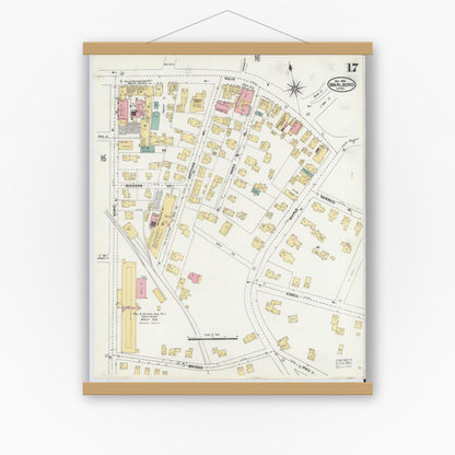 Old map wall art mockup — magnetic wood frame on white wall — Sanborn Fire Insurance Map from Marlborough, Middlesex County, Massachusetts (1906), Sheet #0017