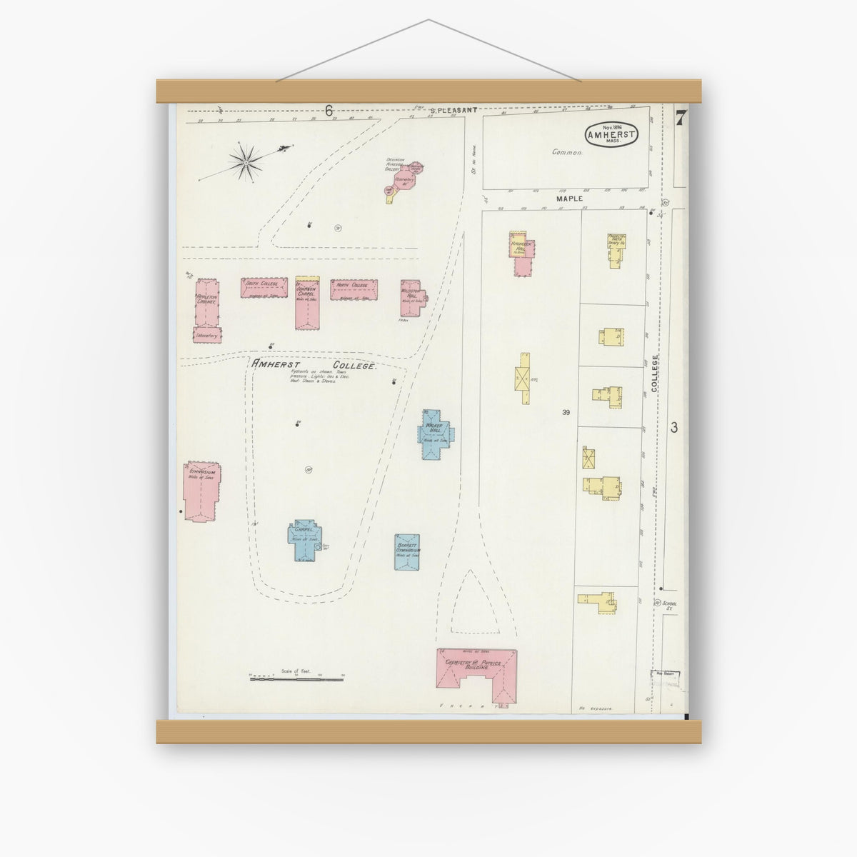 Old map wall art mockup — magnetic wood frame on white wall — Sanborn Fire Insurance Map from Amherst, Hampshire County, Massachusetts (1896), Sheet #0007