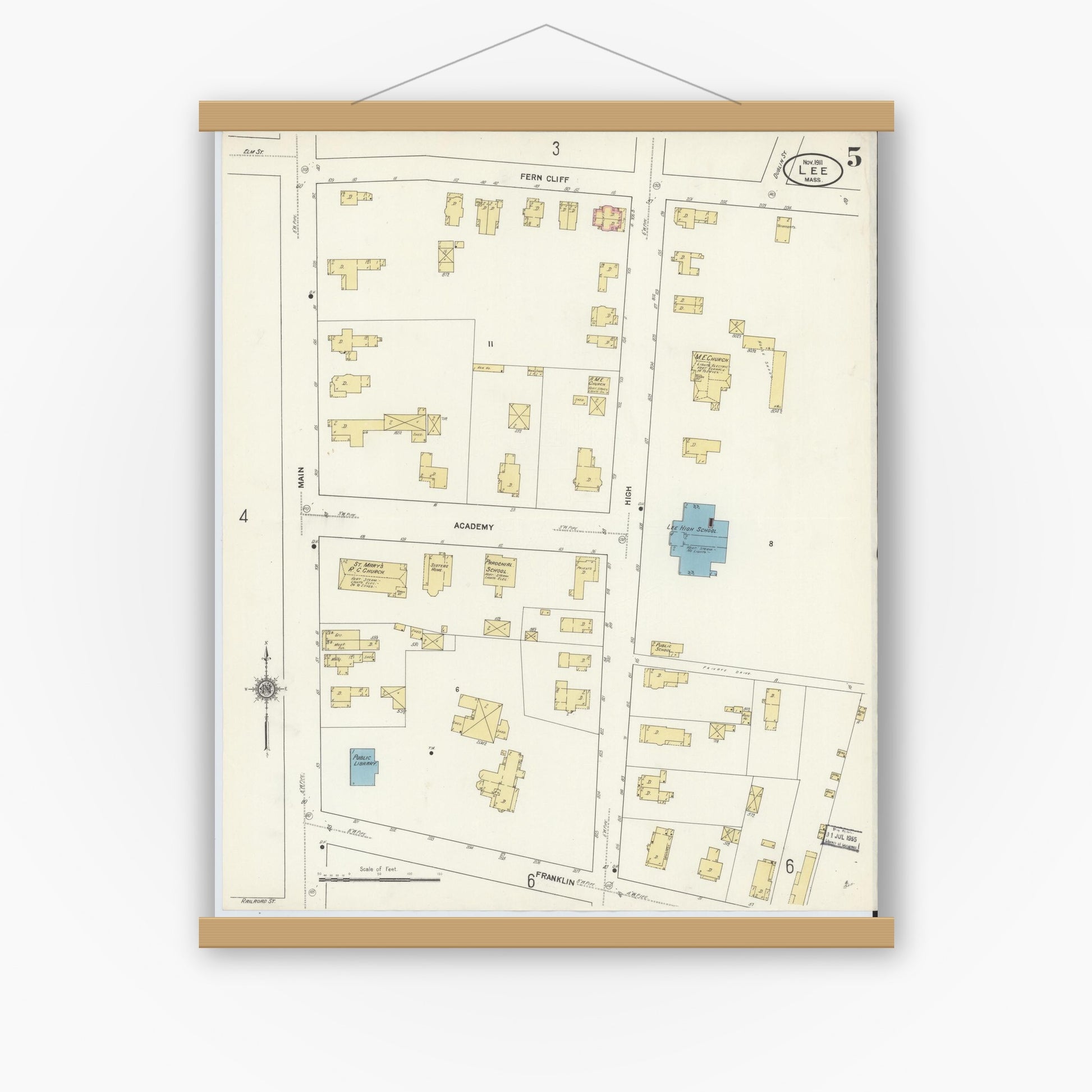 Old map wall art mockup — magnetic wood frame on white wall — Sanborn Fire Insurance Map from Lee, Berkshire County, Massachusetts (1911), Sheet #0005
