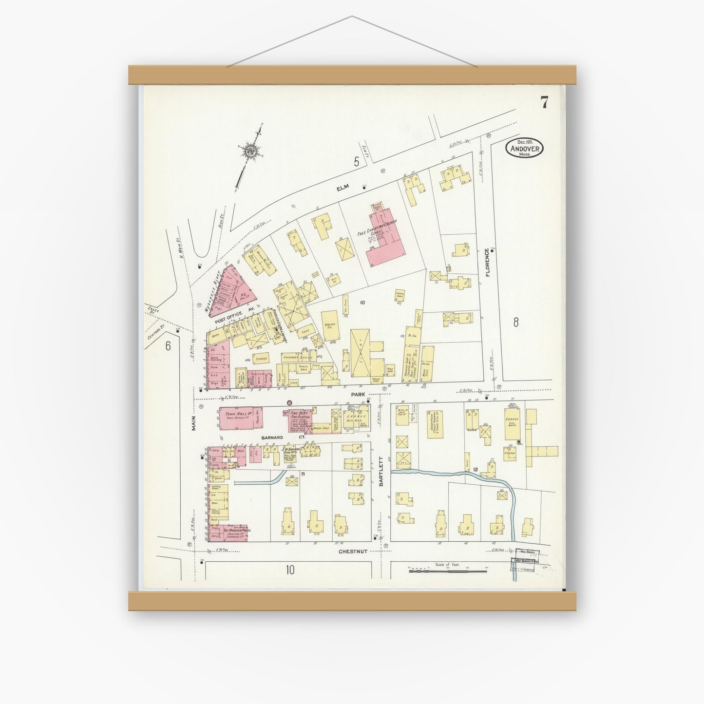 Old map wall art mockup — magnetic wood frame on white wall — Sanborn Fire Insurance Map from Andover, Essex County, Massachusetts (1911), Sheet #0007
