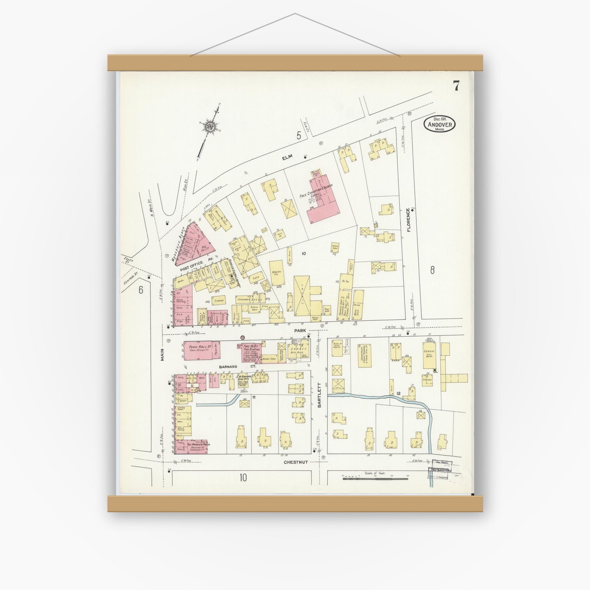 Old map wall art mockup — magnetic wood frame on white wall — Sanborn Fire Insurance Map from Andover, Essex County, Massachusetts (1911), Sheet #0007
