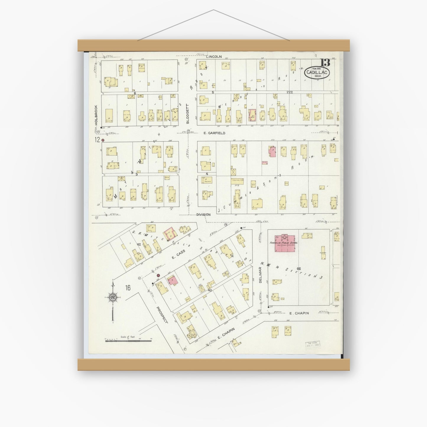 Old map wall art mockup — magnetic wood frame on white wall — Sanborn Fire Insurance Map from Cadillac, Wexford County, Michigan (1914), Sheet #0013