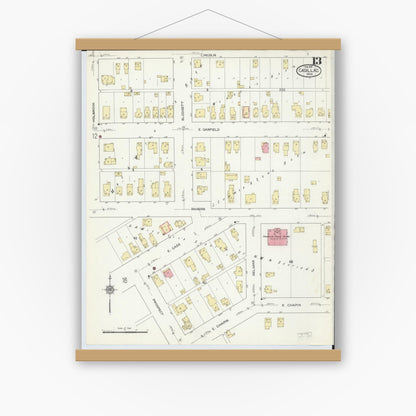 Old map wall art mockup — magnetic wood frame on white wall — Sanborn Fire Insurance Map from Cadillac, Wexford County, Michigan (1914), Sheet #0013