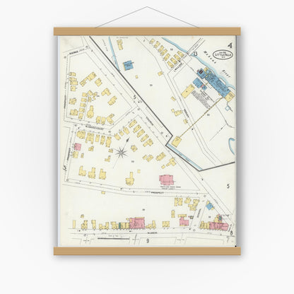 Old map wall art mockup — magnetic wood frame on white wall — Sanborn Fire Insurance Map from Little Falls, Herkimer County, New York (1906), Sheet #0004