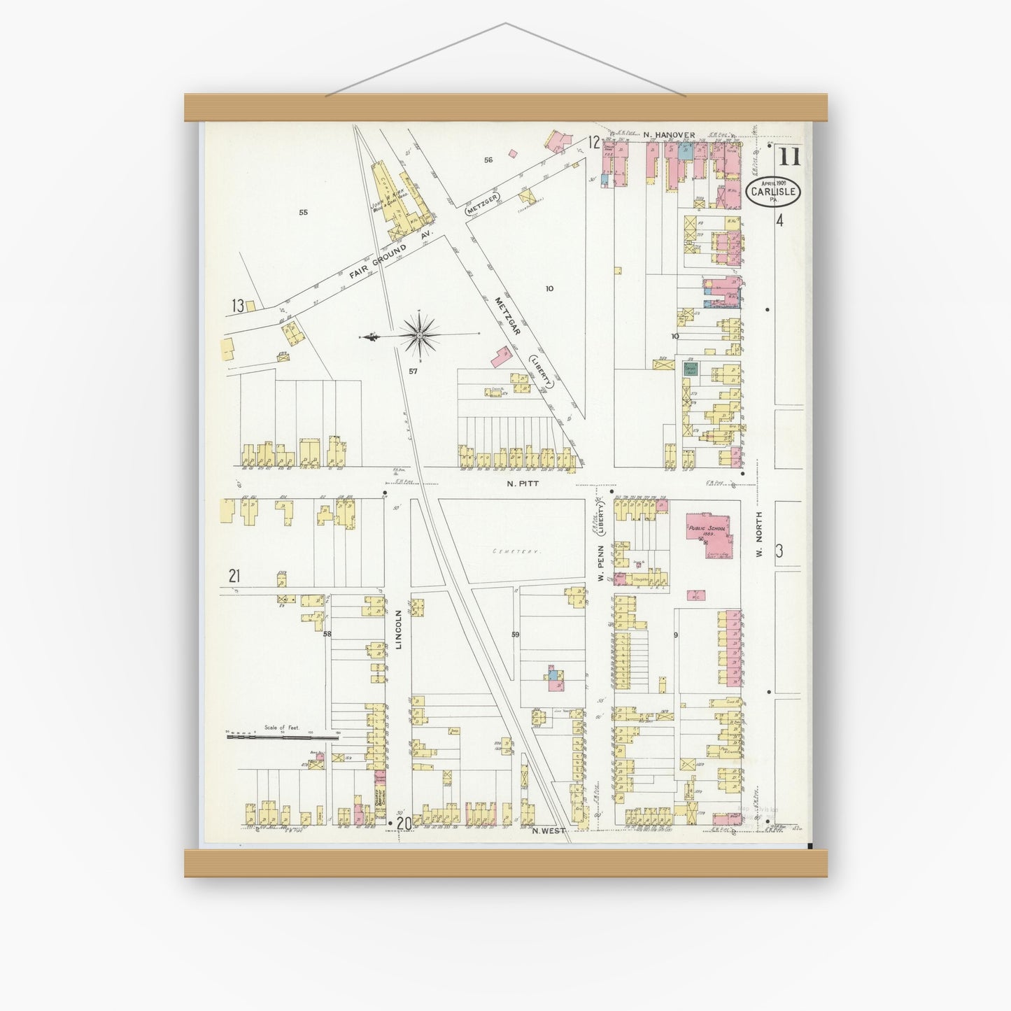 Old map wall art mockup — magnetic wood frame on white wall — Sanborn Fire Insurance Map from Carlisle, Cumberland County, Pennsylvania (1909), Sheet #0011