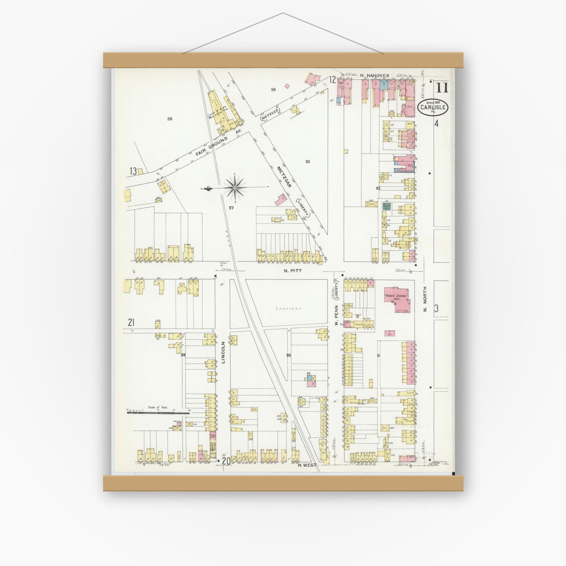 Old map wall art mockup — magnetic wood frame on white wall — Sanborn Fire Insurance Map from Carlisle, Cumberland County, Pennsylvania (1909), Sheet #0011
