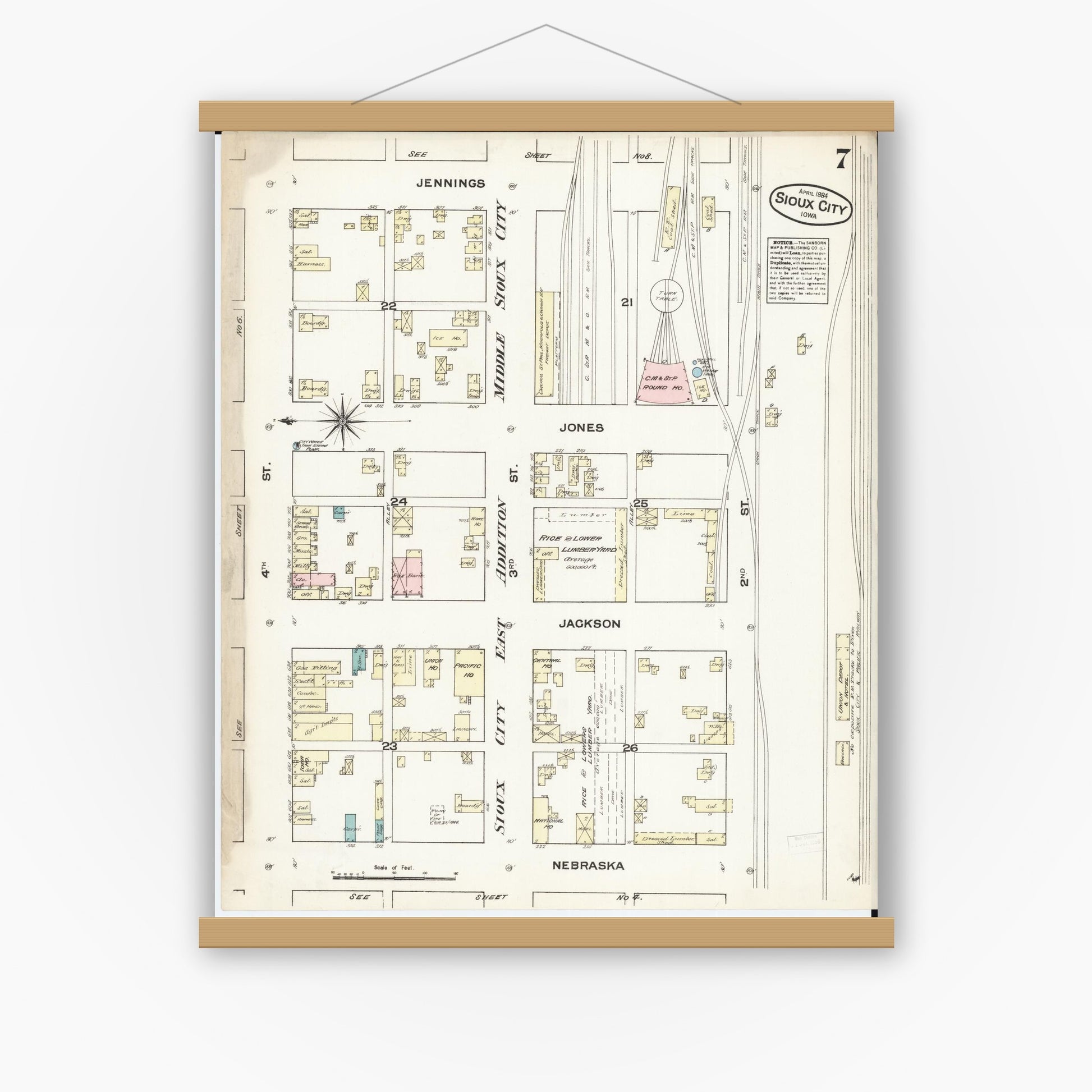 Old map wall art mockup — magnetic wood frame on white wall — Sanborn Fire Insurance Map from Sioux City, Woodbury County, Iowa (1884), Sheet #0007