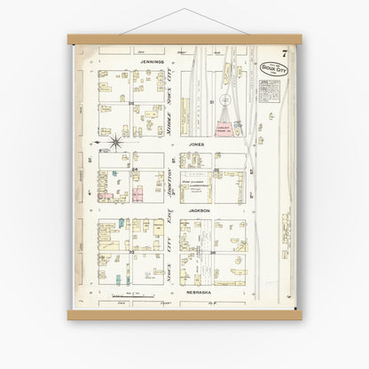 Old map wall art mockup — magnetic wood frame on white wall — Sanborn Fire Insurance Map from Sioux City, Woodbury County, Iowa (1884), Sheet #0007