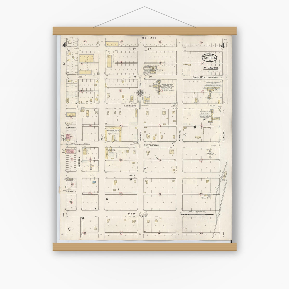Old map wall art mockup — magnetic wood frame on white wall — Sanborn Fire Insurance Map from Tahoka, Lynn County, Texas (1941), Sheet #0004