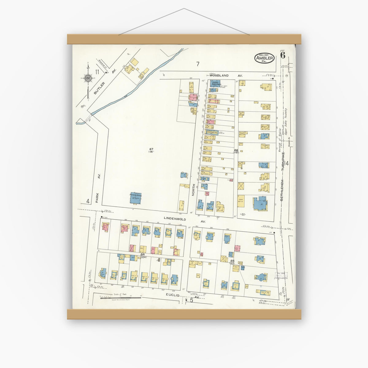 Old map wall art mockup — magnetic wood frame on white wall — Sanborn Fire Insurance Map from Ambler, Montgomery County, Pennsylvania (1921), Sheet #0006