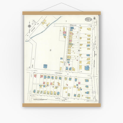 Old map wall art mockup — magnetic wood frame on white wall — Sanborn Fire Insurance Map from Ambler, Montgomery County, Pennsylvania (1921), Sheet #0006