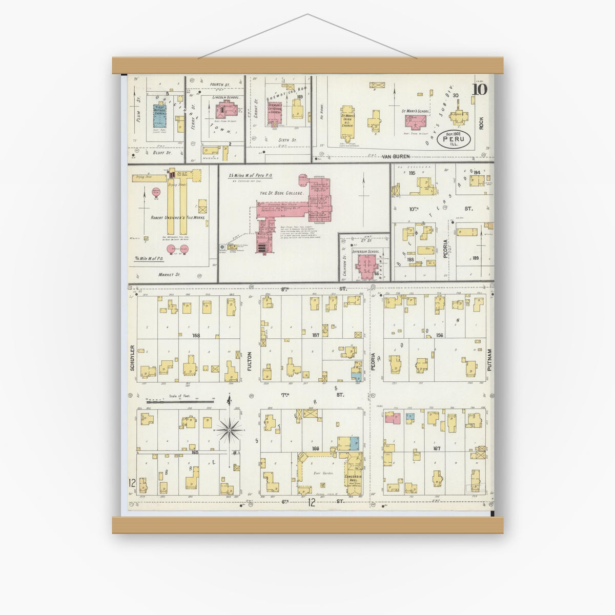 Old map wall art mockup — magnetic wood frame on white wall — Sanborn Fire Insurance Map from Peru, La Salle County, Illinois (1902), Sheet #0010