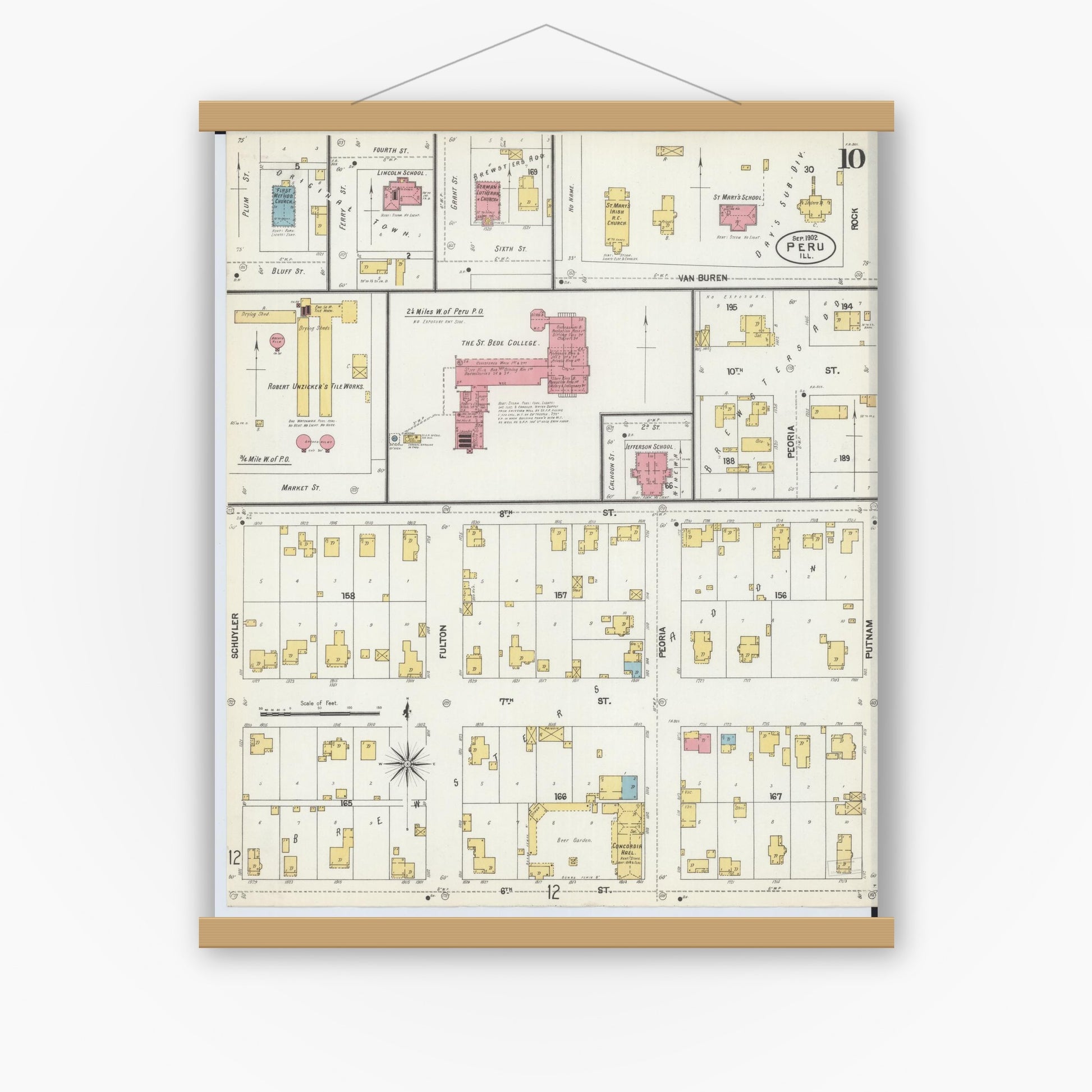 Old map wall art mockup — magnetic wood frame on white wall — Sanborn Fire Insurance Map from Peru, La Salle County, Illinois (1902), Sheet #0010