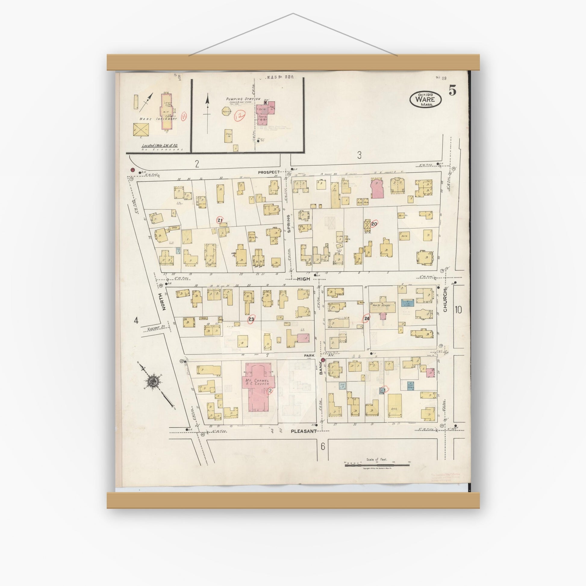 Old map wall art mockup — magnetic wood frame on white wall — Sanborn Fire Insurance Map from Ware, Hampshire County, Massachusetts (1946), Sheet #0005