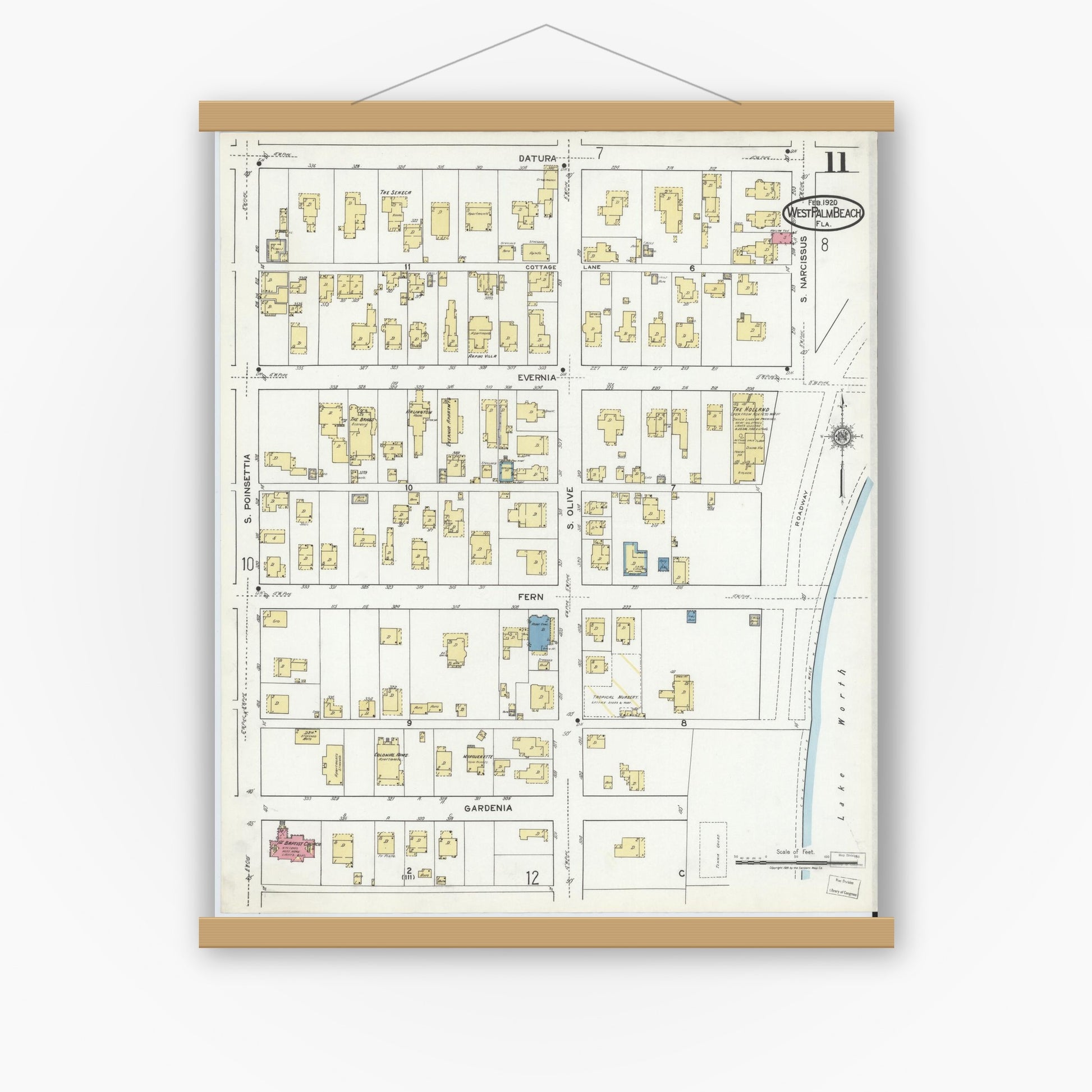 Old map wall art mockup — magnetic wood frame on white wall — Sanborn Fire Insurance Map from West Palm Beach, Dade County, Florida (1920), Sheet #0011