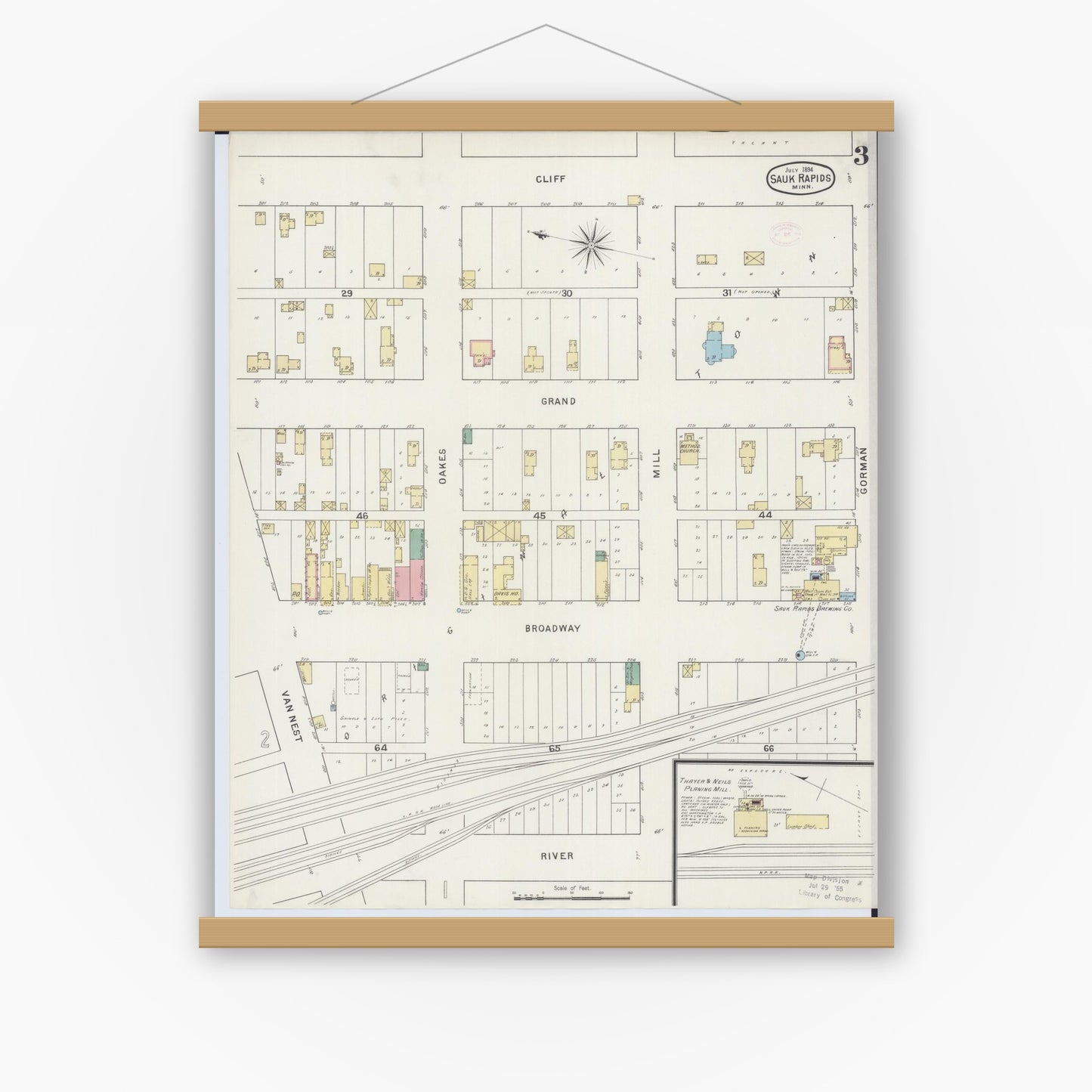 Old map wall art mockup — magnetic wood frame on white wall — Sanborn Fire Insurance Map from Sauk Rapids, Benton County, Minnesota (1894), Sheet #0003