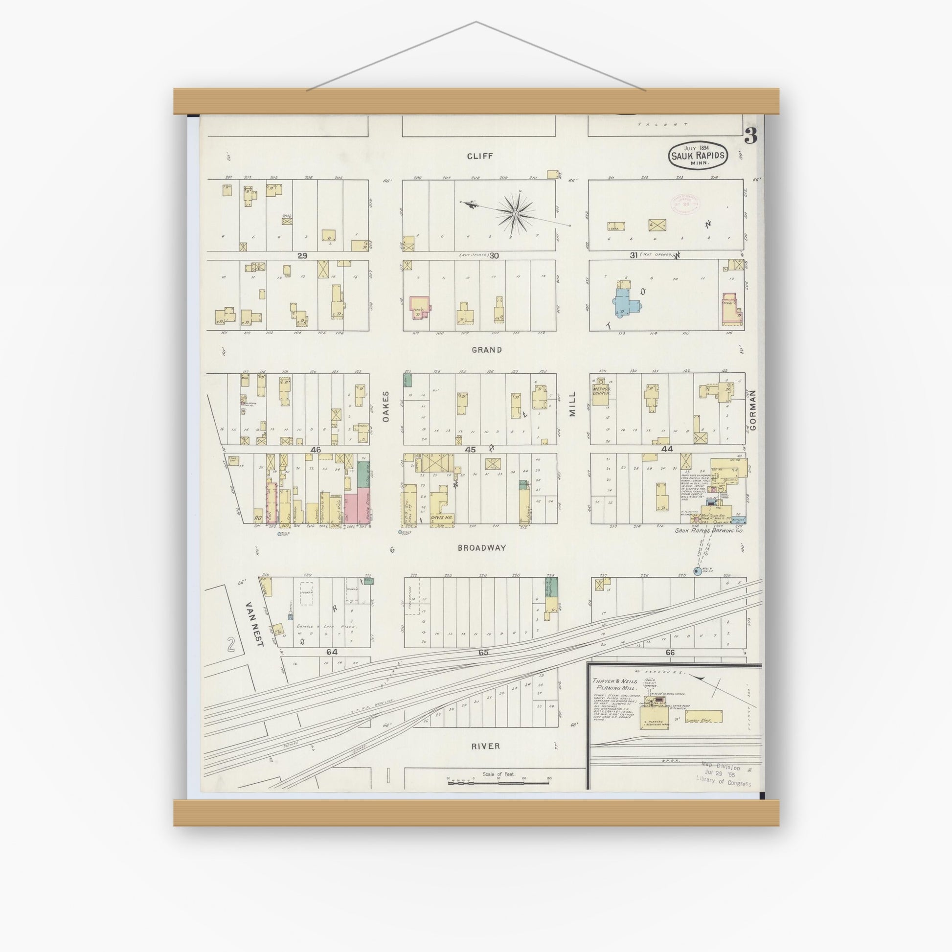 Old map wall art mockup — magnetic wood frame on white wall — Sanborn Fire Insurance Map from Sauk Rapids, Benton County, Minnesota (1894), Sheet #0003