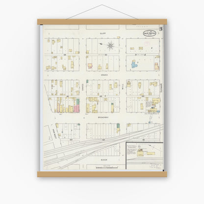 Old map wall art mockup — magnetic wood frame on white wall — Sanborn Fire Insurance Map from Sauk Rapids, Benton County, Minnesota (1894), Sheet #0003