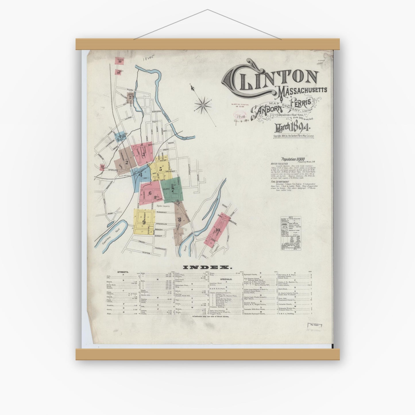 Old map wall art mockup — magnetic wood frame on white wall — Sanborn Fire Insurance Map from Clinton, Worcester County, Massachusetts (1894) - Complete Map Set