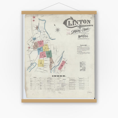 Old map wall art mockup — magnetic wood frame on white wall — Sanborn Fire Insurance Map from Clinton, Worcester County, Massachusetts (1894) - Complete Map Set