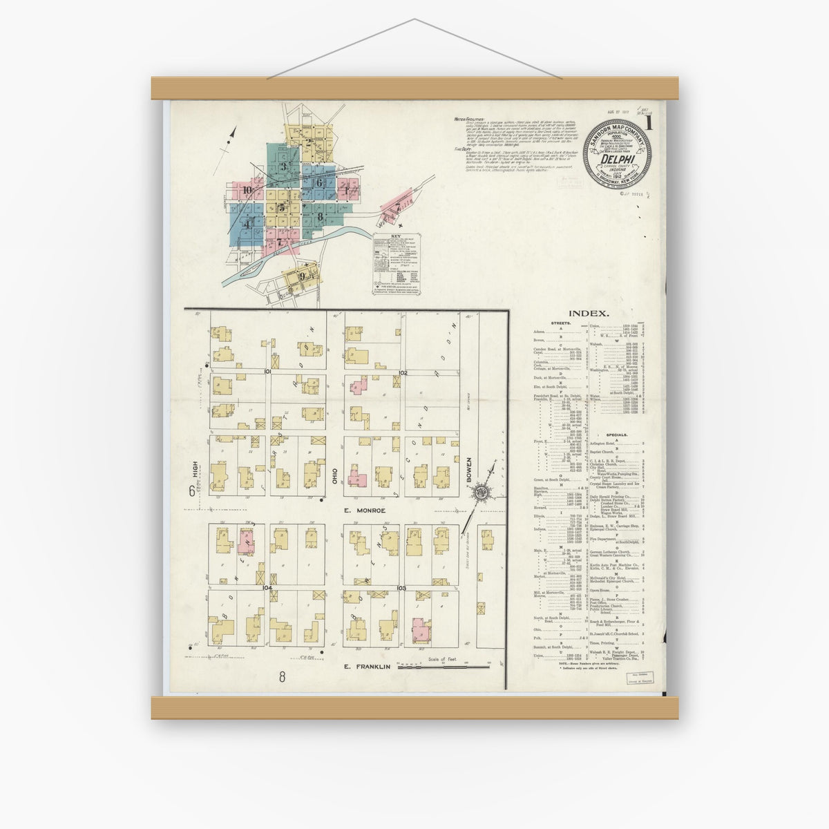 Old map wall art mockup — magnetic wood frame on white wall — Sanborn Fire Insurance Map from Delphi, Carroll County, Indiana (1912) - Complete Map Set