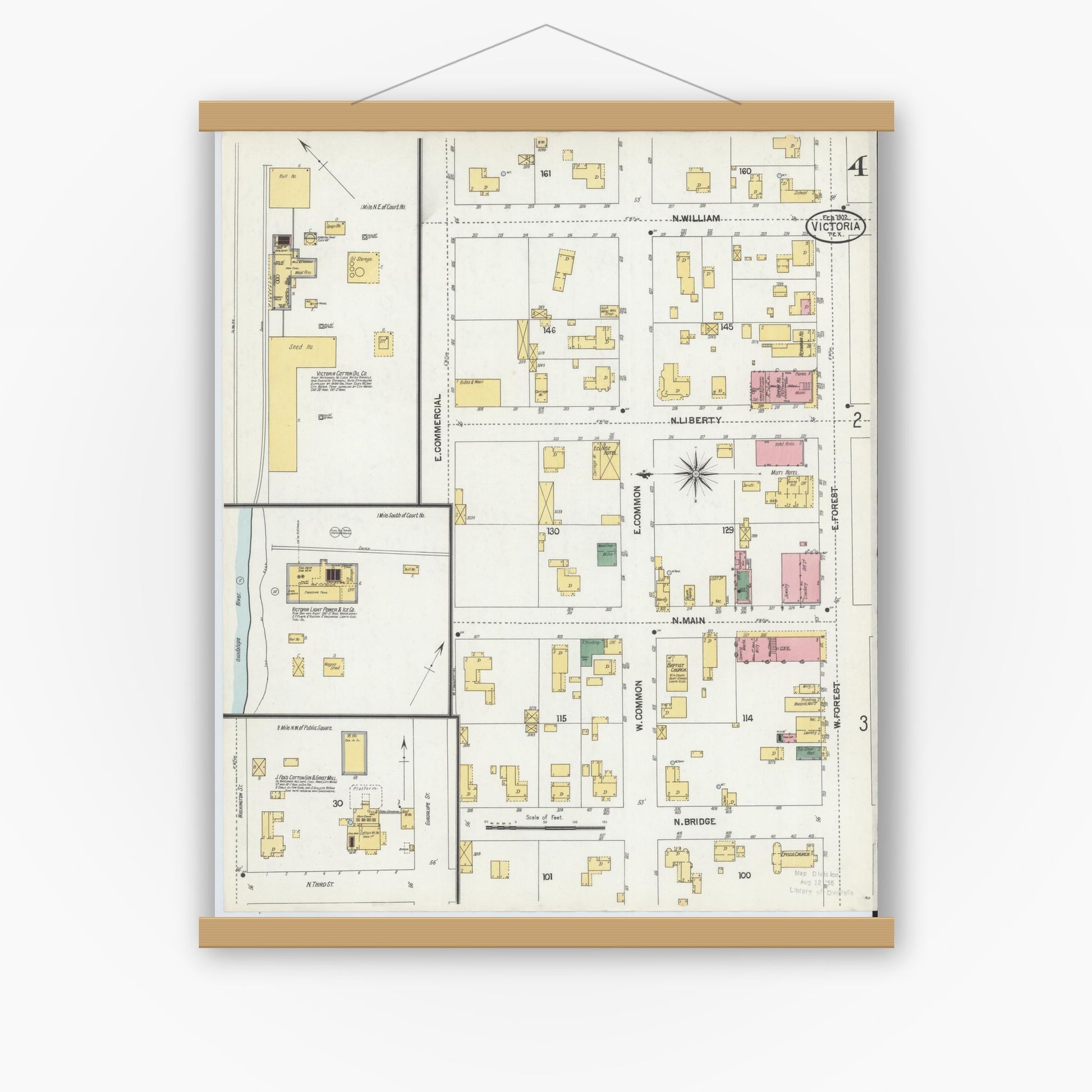 Old map wall art mockup — magnetic wood frame on white wall — Sanborn Fire Insurance Map from Victoria, Victoria County, Texas (1902), Sheet #0004