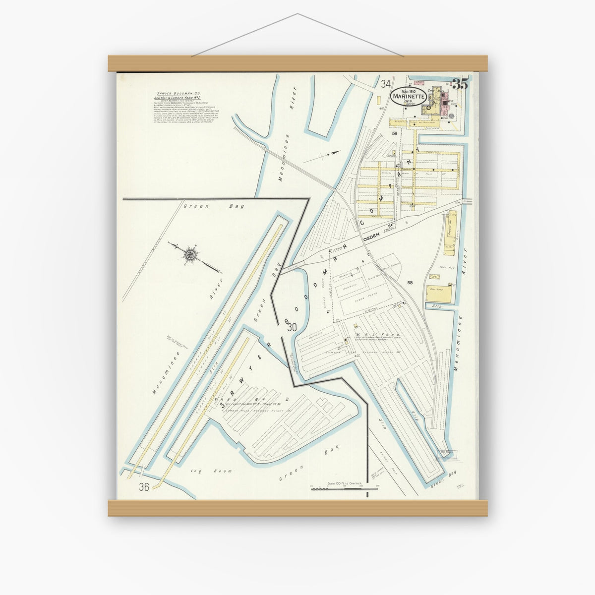 Old map wall art mockup — magnetic wood frame on white wall — Sanborn Fire Insurance Map from Marinette, Marinette County, Wisconsin (1910), Sheet #0035